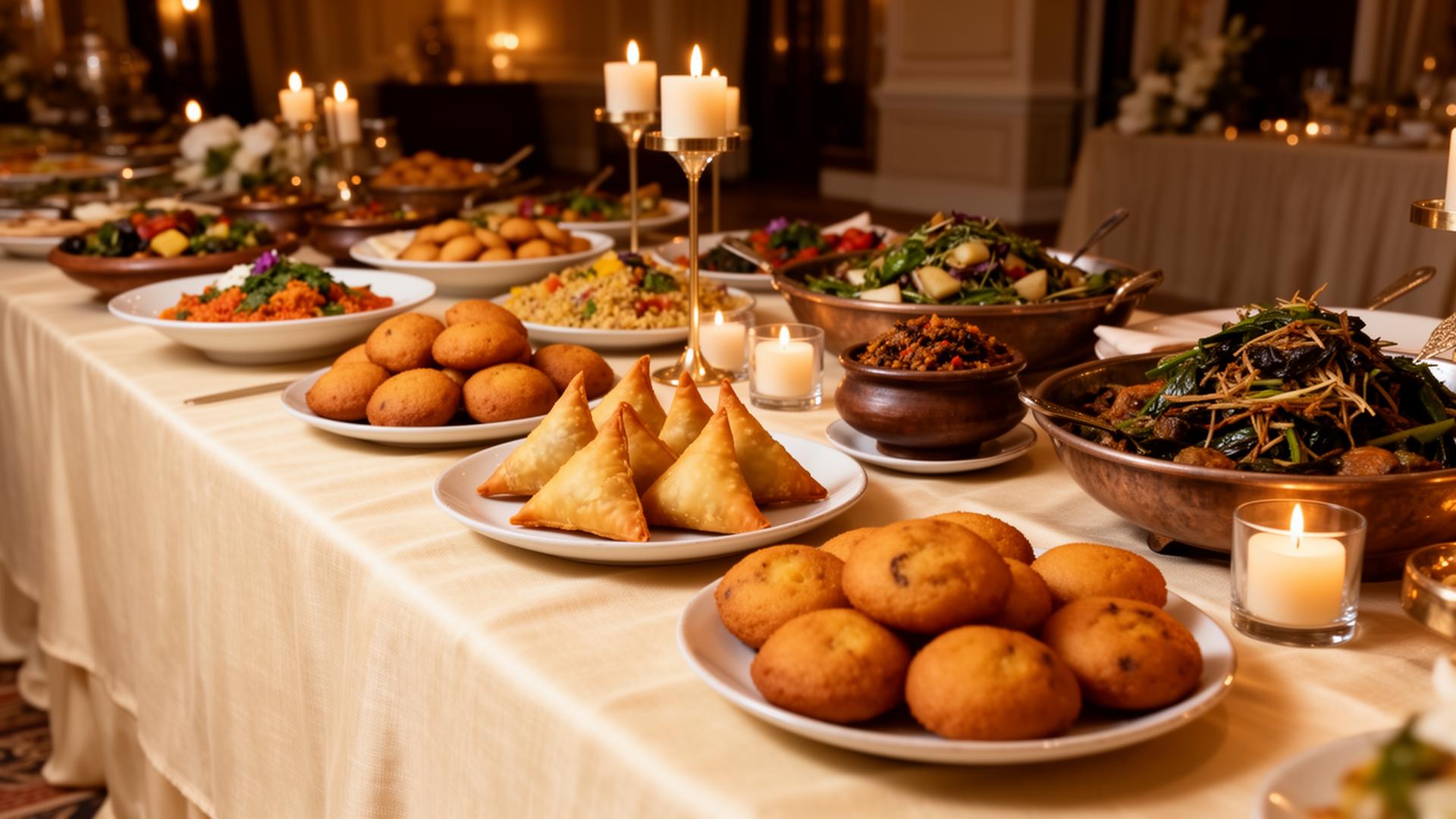 Elegant East African catering spread with samosas, mandazi and aromatic dishes