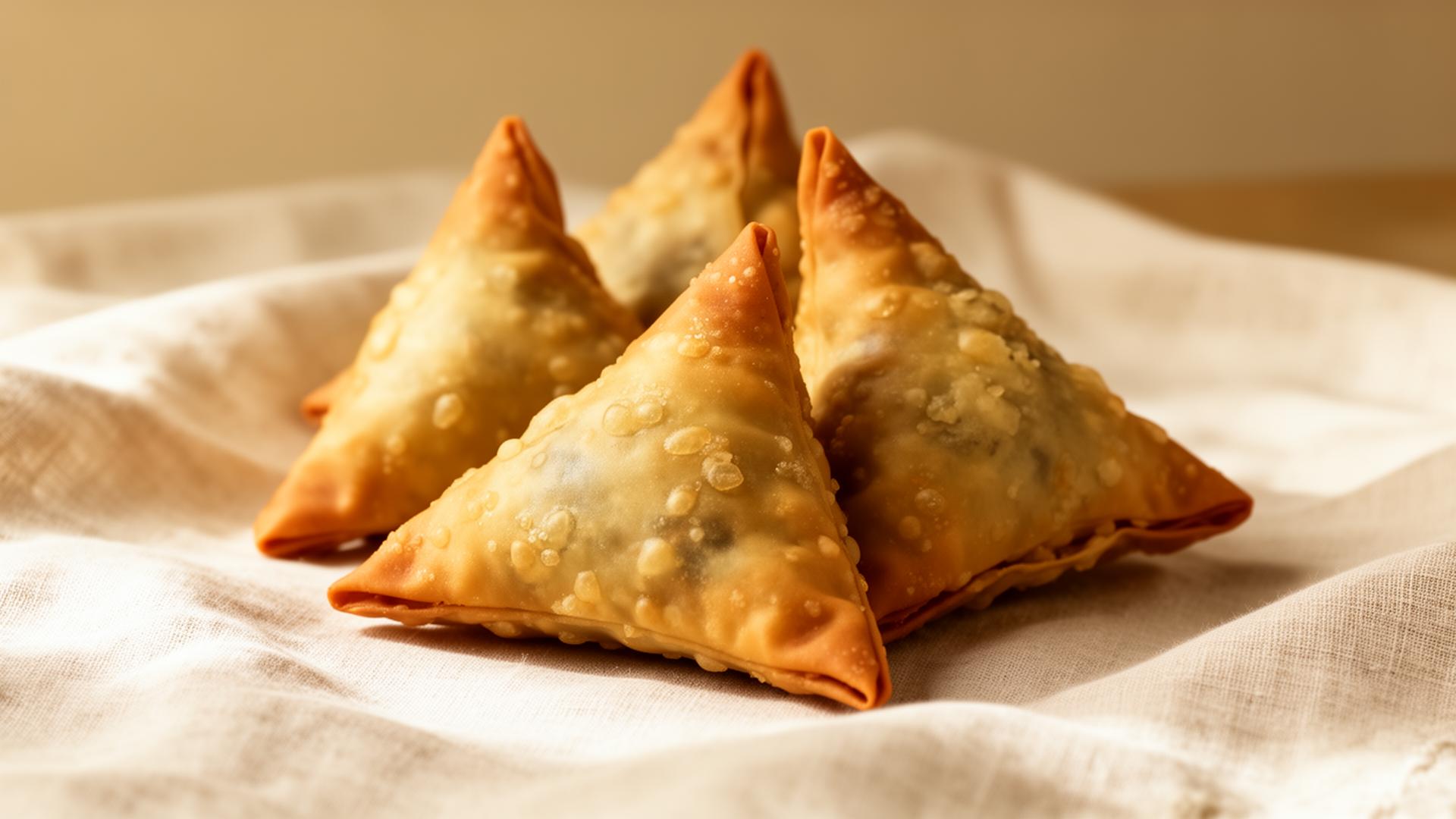 Golden crispy East African samosas, handfolded and freshly fried