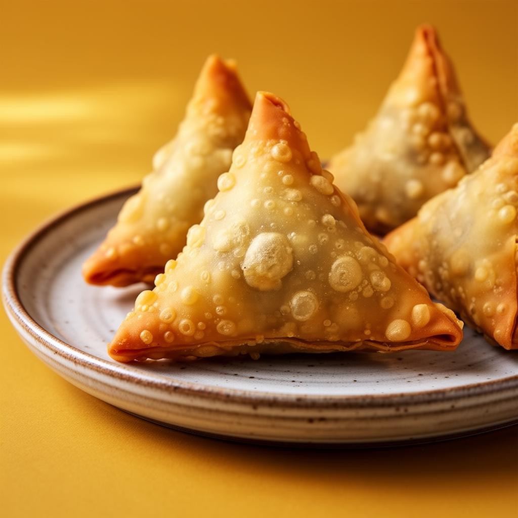 Golden crispy handfolded samosas on a ceramic plate