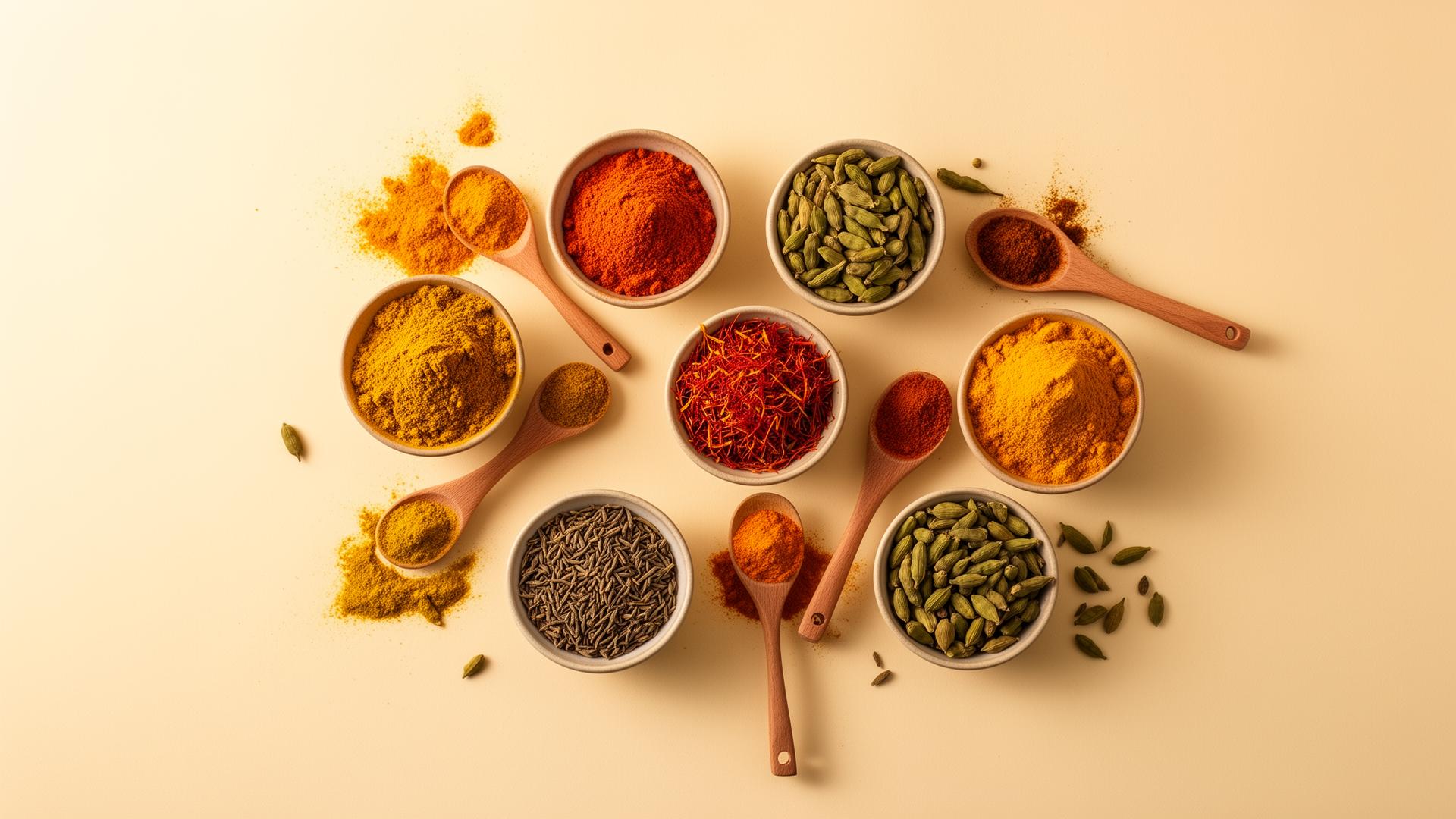 Hand-blended East African spices in bowls with wooden spoons